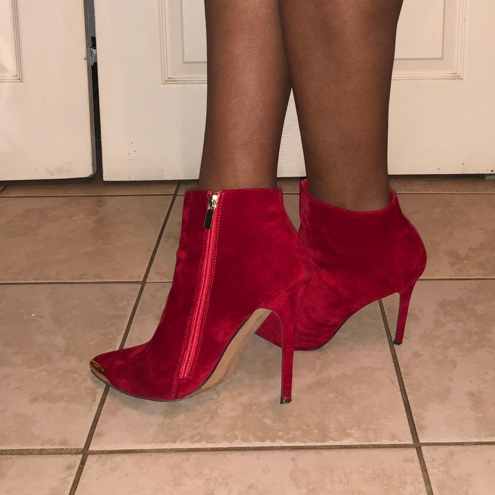 Red Suede Booties w/ Gold Tip